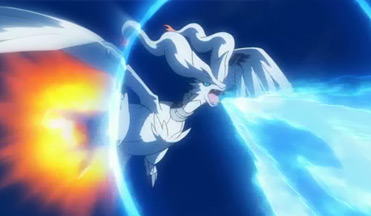 Continuing to snatch screenshots from Pokemon.com.  Here we see Reshiram demonstrating her special skill: she is made of explosions. (Incidentally: yes, I know Reshiram has a male voice actor in the film, but she was explicitly designed to have a feminine appearance and I've always thought of her as feminine, so nyeh)