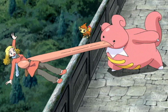 For the first time in recorded history, a Lickilicky almost does something useful (yeah, almost - he actually drops her, and Tonio and Drifblim grab her at the last minute).  Screenshot from Pokemon.com.