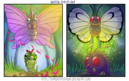 This lovely bit of fanart is by Karolina 'Twarda' Twardosz (http://twarda8the8xanax.deviantart.com/ - a lot of wonderful pieces here, Pokémon and otherwise; do take a look) and expresses one of the more interesting bits of Pokémon fan speculation: that Metapod was originally supposed to evolve into Venomoth, and Venonat into Butterfree, but the sprites were accidentally switched in Red and Blue.  What do you think?