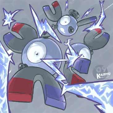 Magneton fanart, by Kairyu (http://kairyu.deviantart.com/ - I don't think this dude's been using his account for some time but his Pokémon fanart is awesome, so check it out).  For those of the audience who had no childhood, three Magnemite make up a Magneton, their evolved form.