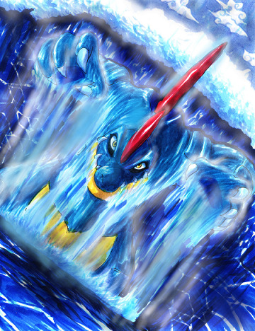Just because Feraligatr isn't that *good* at using Surf doesn't mean he can't look badass while he does it... art by Matsuyama Takeshi (http://matsuyama-takeshi.deviantart.com/).