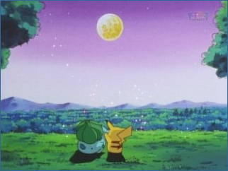 Pikachu and Bulbasaur having a bromance moment.