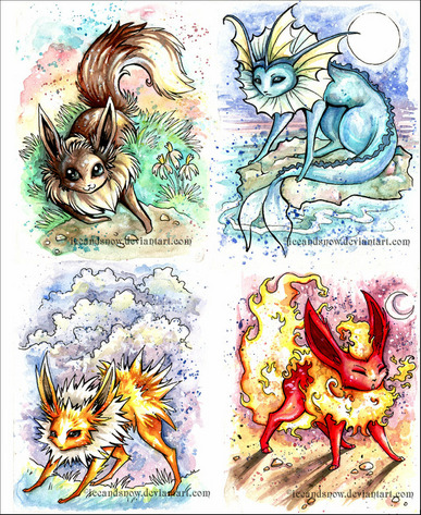 Eevee, Vaporeon, Jolteon, and Flareon, in all their glory, by Creepyfish (formerly IceandSnow, http://creepyfish.deviantart.com/).