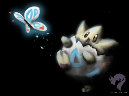 An adorable Togepi chasing a sparkly butterfly, by Janice268 (http://janice268.deviantart.com/).
