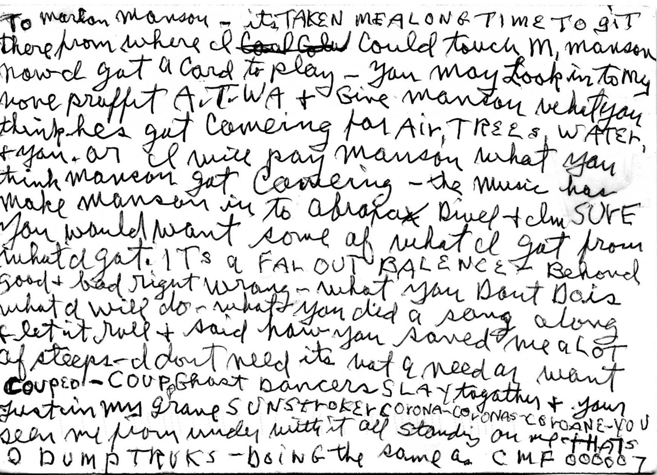 oddtruecrimefacts:
“ Charles Manson Writes Letter To Marilyn Manson
“To Marilyn Manson –
It’s taken me a long time to get there from where I could touch M. Manson. Now I got a card to play – you may look into my non-profit, ATWA, and give Manson what...