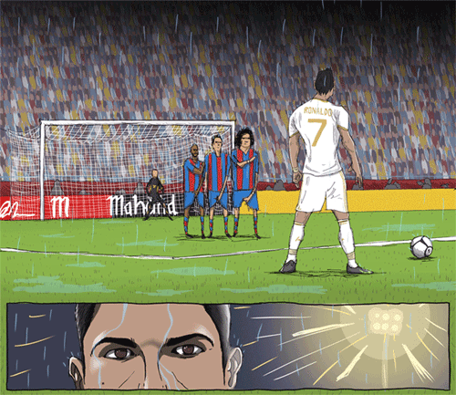Cristiano’s free kick - a piece by Dan Leydon “When planning this piece for AFR I wanted to capture a moment of heightened tension in the Clásico. Something about night games gives a match an added sense of excitement and I love the air of carnival...