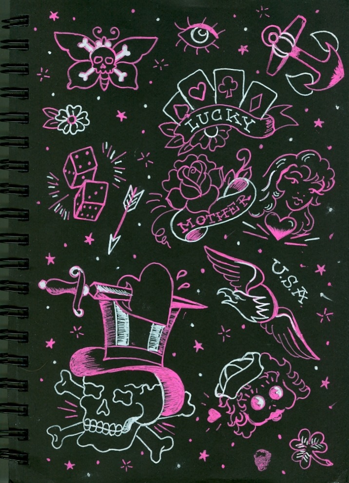 Experimenting in my black sketchbook. Pink & white ink Jenai Chin TheTattooGirl Fan, Blog, Tweet, Tumble