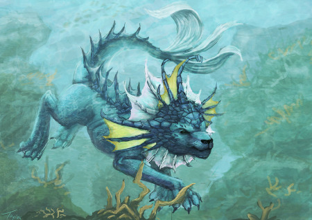 A more realistic take on Vaporeon, by Ruth Taylor (http://ruth-tay.deviantart.com/ - she has more Pokémon fanart in the same style, and it is glorious), drawing inspiration from wolves, turtles and otters.