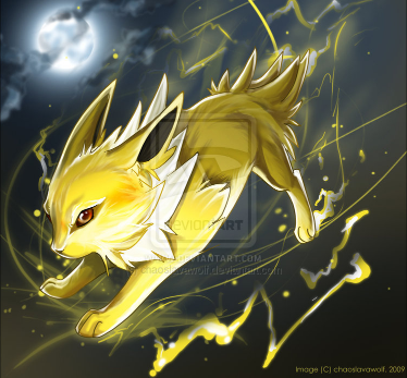I love this one.  This is by Chaoslavawolf (http://chaoslavawolf.deviantart.com/); I think it really captures Jolteon's energy and dynamism.