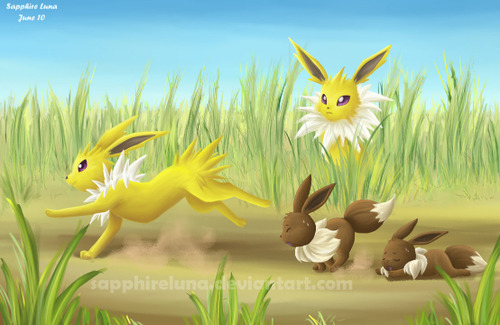 A pair of young Eevee trying to keep up with their Jolteon parent; a little slice of adorableness by Sapphireluna (http://sapphireluna.deviantart.com/).