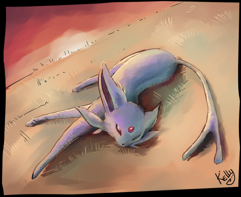 Espeon stretching out at sunset, by Kellykatz (http://kellykatz.deviantart.com/ or http://kellykatz.tumblr.com/).