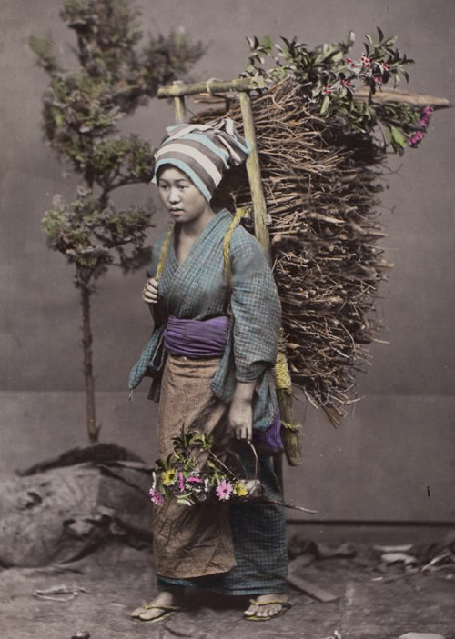 thekimonogallery - Hand-colored photo of country woman carrying...