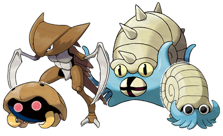 Official art of (left to right) Kabuto, Kabutops, Omastar, and Omanyte, by Ken Sugimori; quoth the raven "copyright Nintendo!"